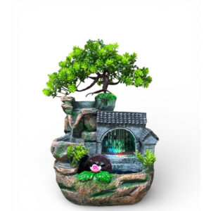 Fonte Decorativa com Casa Rústica e Cascata Iluminada