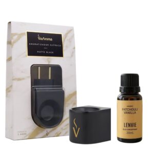 Kit Aromatizador Elétrico Via Aroma Matte Black + Óleo Patchouli Vanilla 20ml Lenvie